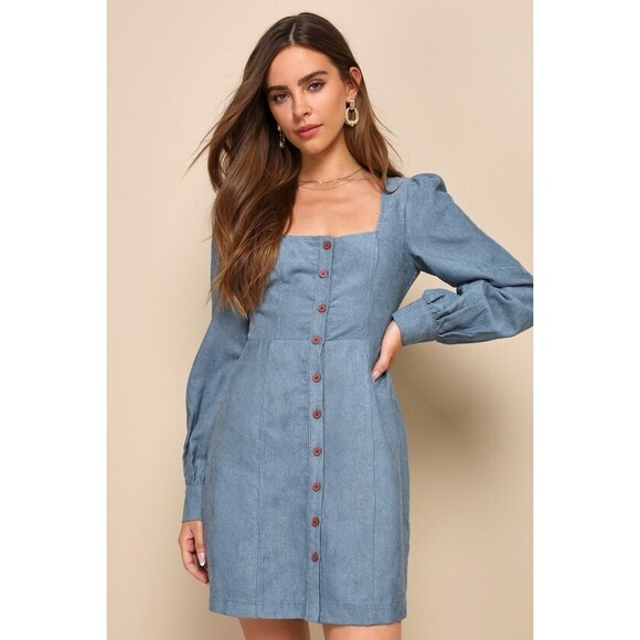 Lulus Dresses & Skirts - Lulus Posh Promise Blue Corduroy Long Sleeve Button-up Mini Dress - Size XS
